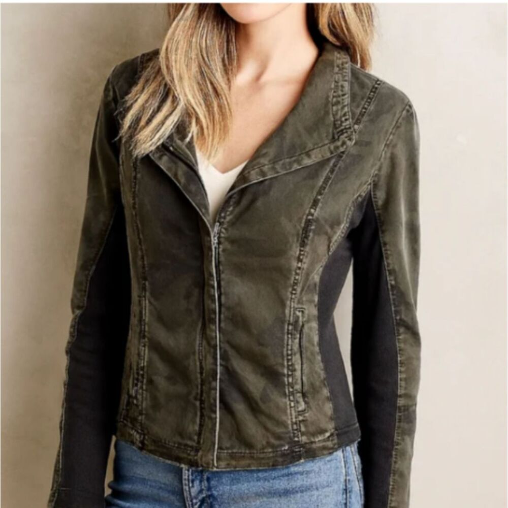 Anthropologie Marrakech Camo Jacket Utility Zip Front Rib Knit Panels Medium